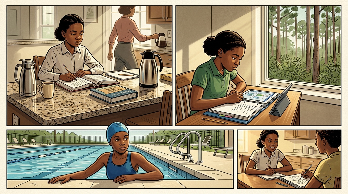Oviedo K-12 online home school day in three panels: morning coursework, focused study, an afternoon that fits