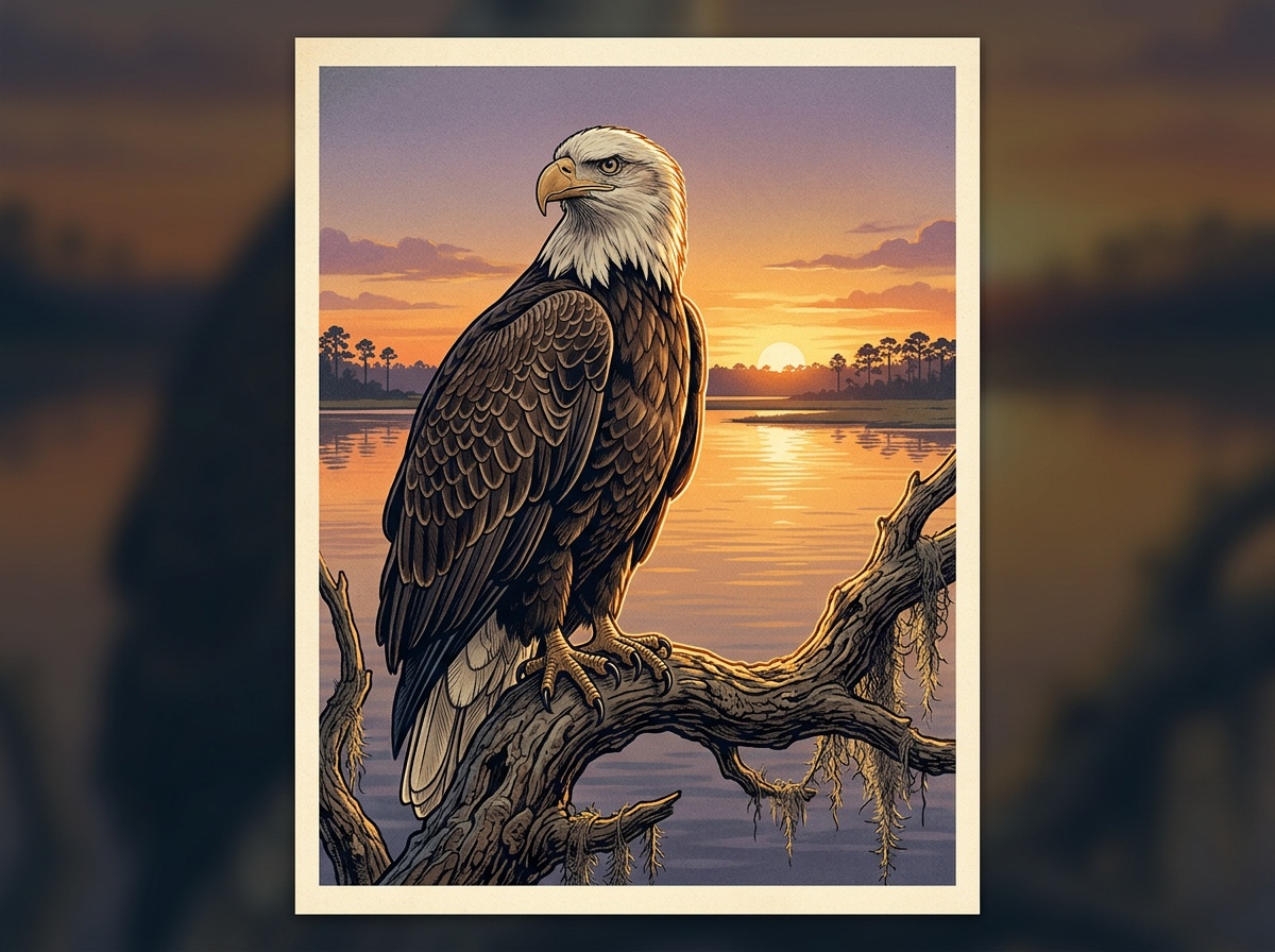 Oviedo Florida online K-12 school Eagle perched on a live-oak limb above a Seminole County landscape at golden hour