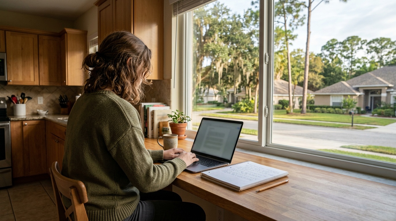 Oviedo K-12 online home school student studying at home in a Seminole County, Florida pine-and-oak suburb
