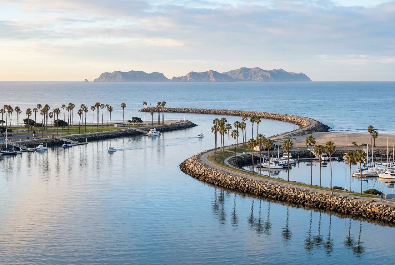 The Oxnard coast at Channel Islands Harbor in soft morning light, the breakwater, tall palms, and the open Pacific toward the Channel Islands.