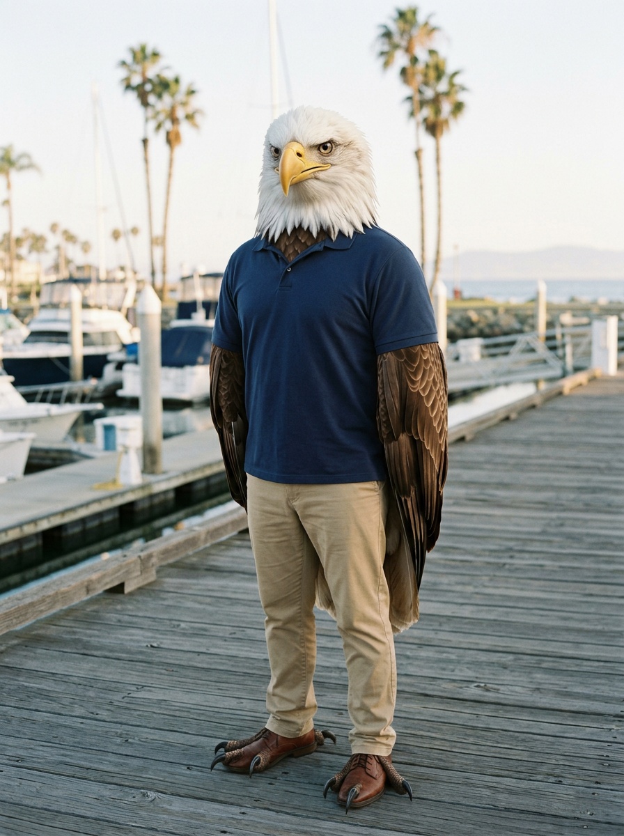Oxnard K-12 online home school. Eagle, Head of School, on the boardwalk at Channel Islands Harbor in Oxnard in soft morning light, boats at their slips and tall palms behind him, the Pacific and the Channel Islands in soft focus on the horizon.