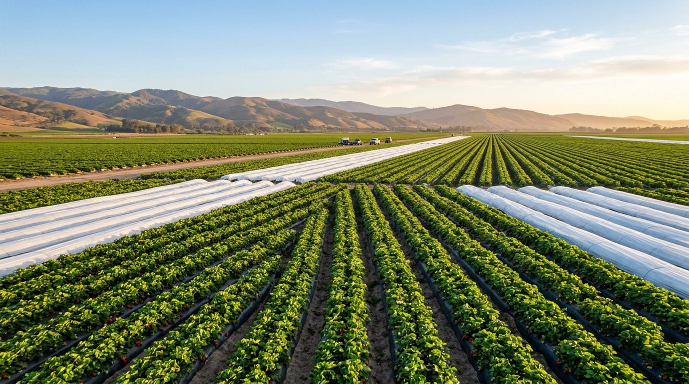 Strawberry fields on the Oxnard Plain at golden hour, long planted rows under white row-cover reaching toward the coastal hills.