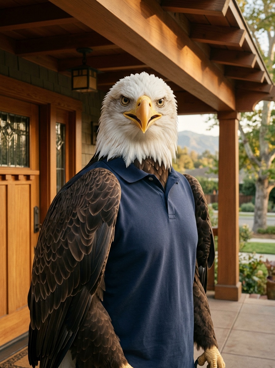 Pasadena K-12 online home school. Eagle, Head of School, standing on the front porch of a Greene & Greene Craftsman house in old Pasadena in the warm afternoon light, with the expressed wood joinery and deep eaves of the porch visible behind him and the silhouette of the San Gabriel Mountains in soft focus on the northern horizon.