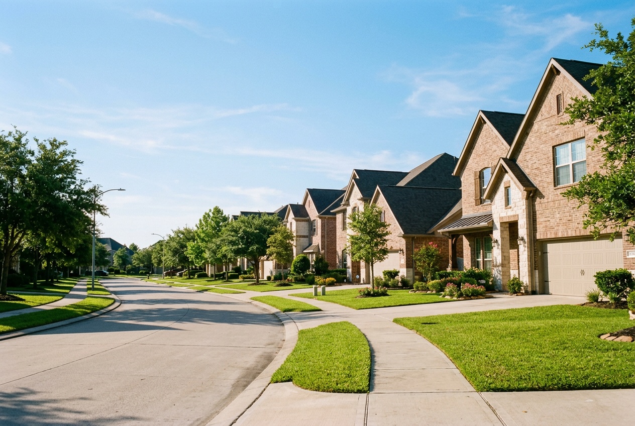 Pearland online home school K-12: a modern suburban tree-lined street in Pearland, Texas, in the Houston metro.