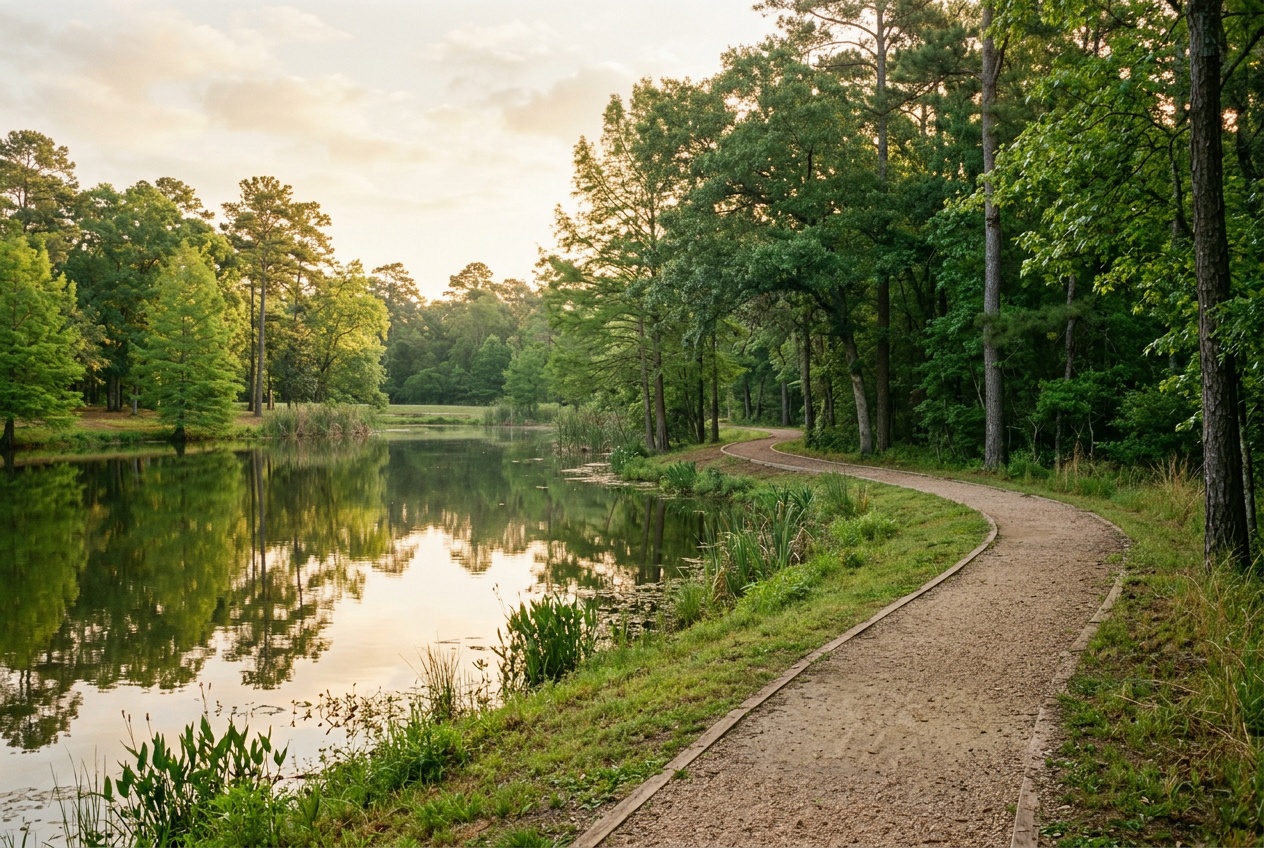 Pearland Texas online homeschool: a green park trail beside a pond in Pearland, Texas, in the Houston metro.