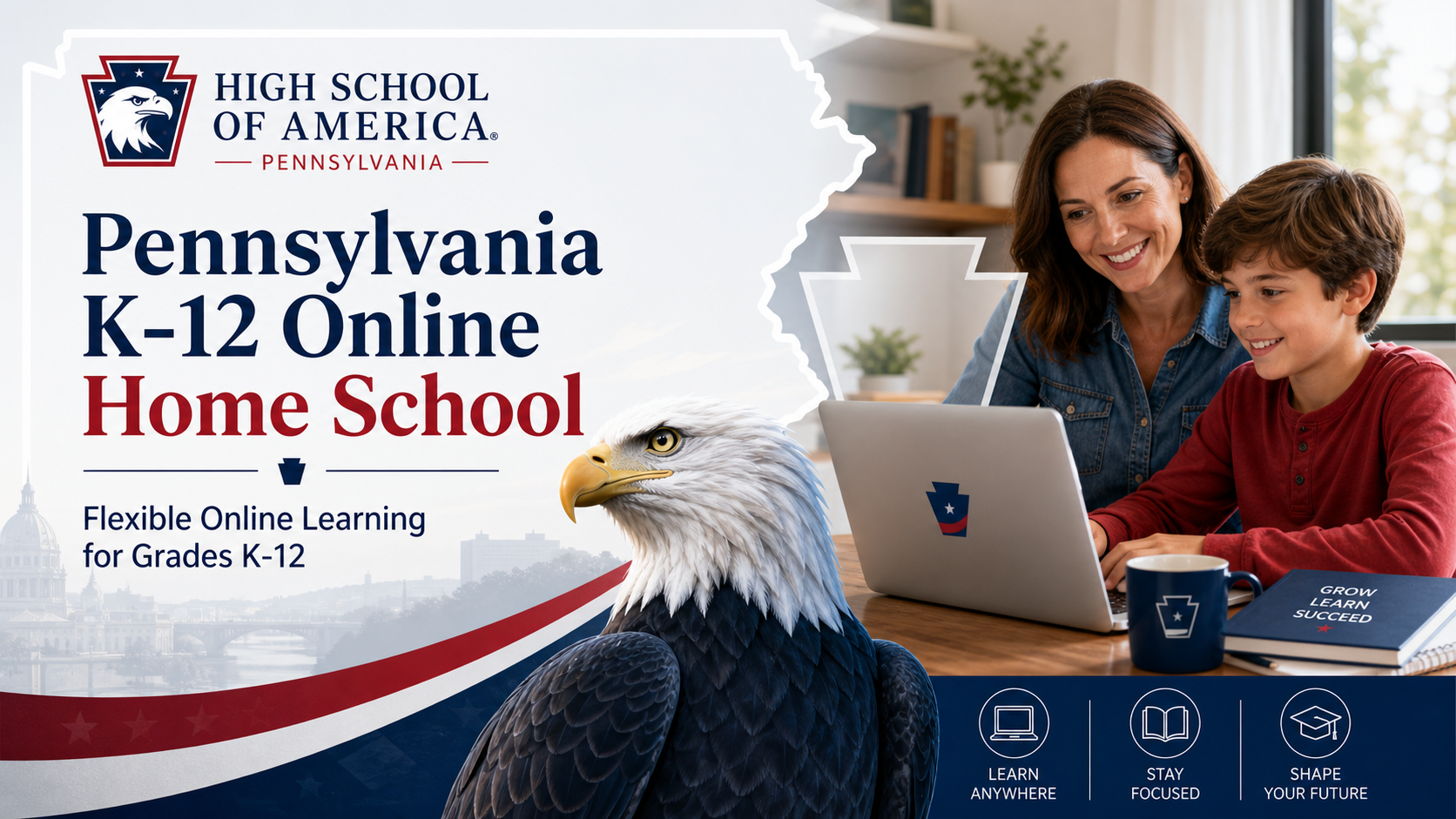 Pennsylvania K-12 online home school flexible learning with mother and son and bald eagle