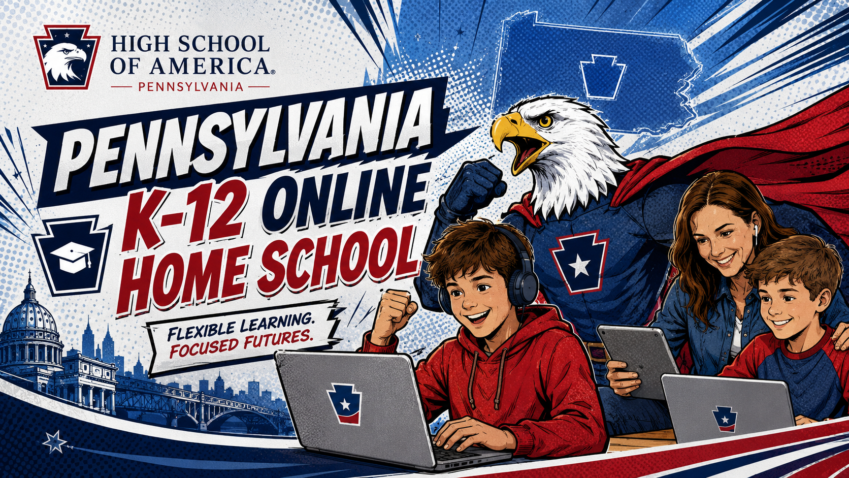 Pennsylvania K-12 online home school illustrated hero with bald eagle and family learning together