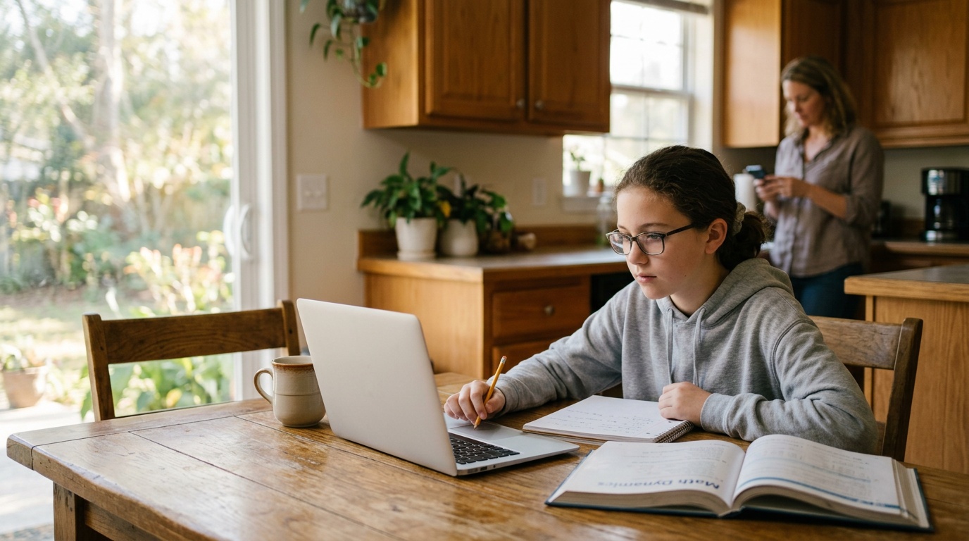 Pensacola middle school student working on a K-12 online home school program at the kitchen table