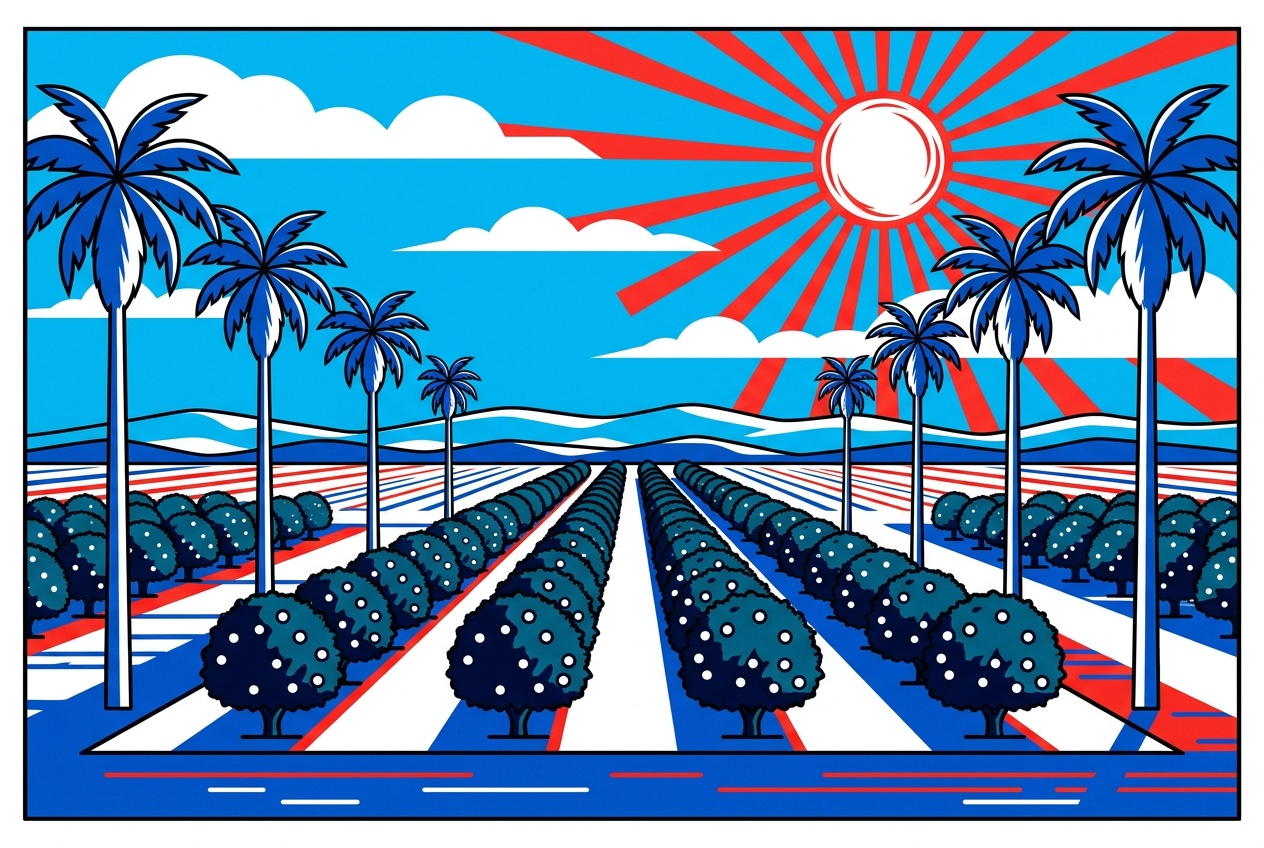 An illustrated Rio Grande Valley scene near Pharr, Texas, with palms and citrus groves under a sunny sky.