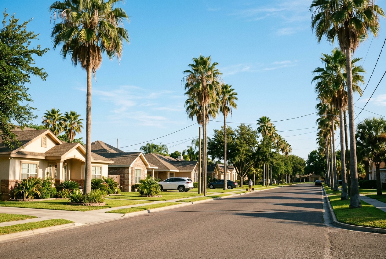 Pharr online home school K-12: a sunlit palm-lined residential street in Pharr, Texas, in the Rio Grande Valley.
