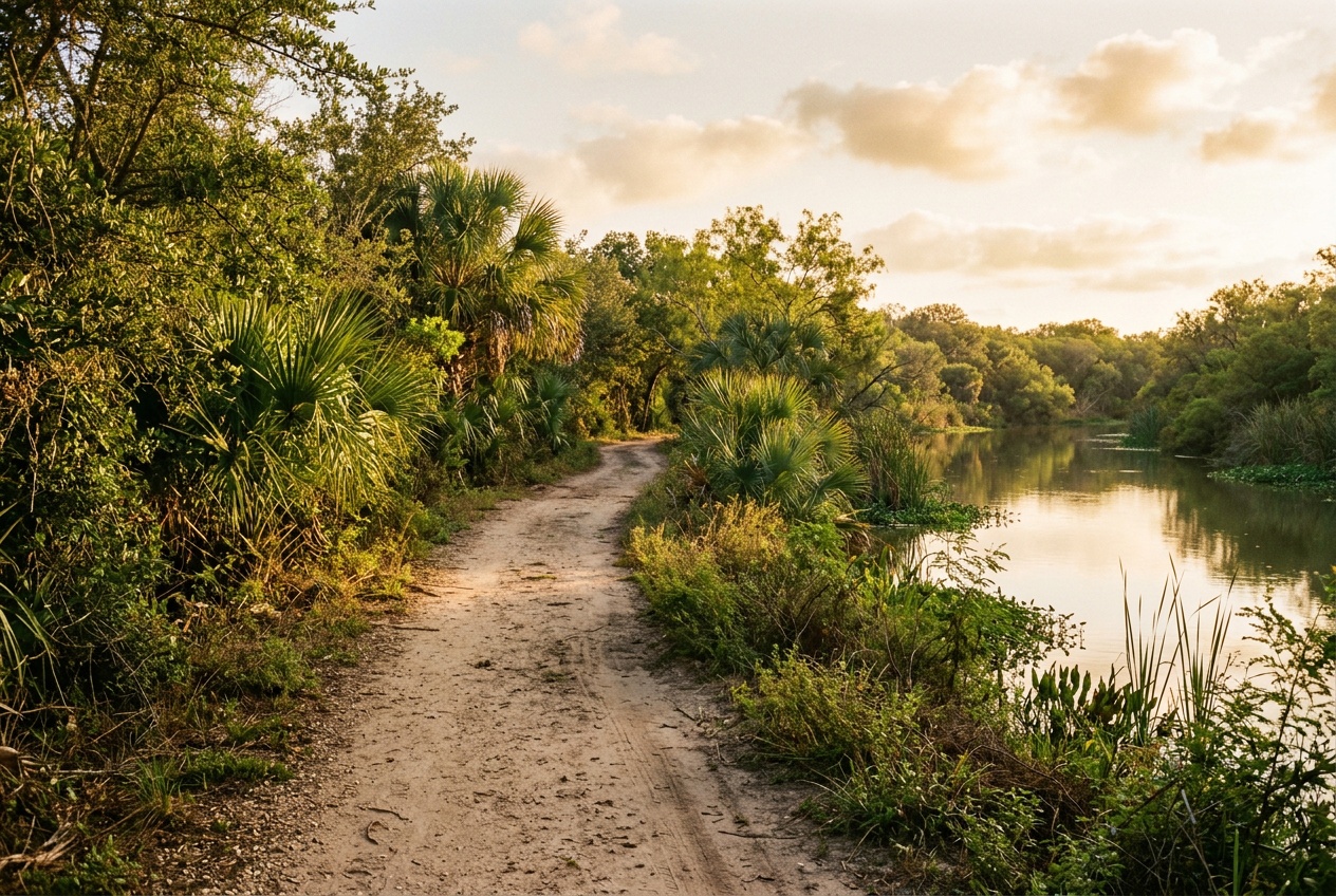 A green Rio Grande Valley nature trail near Pharr, Texas, with palms and native brush.
