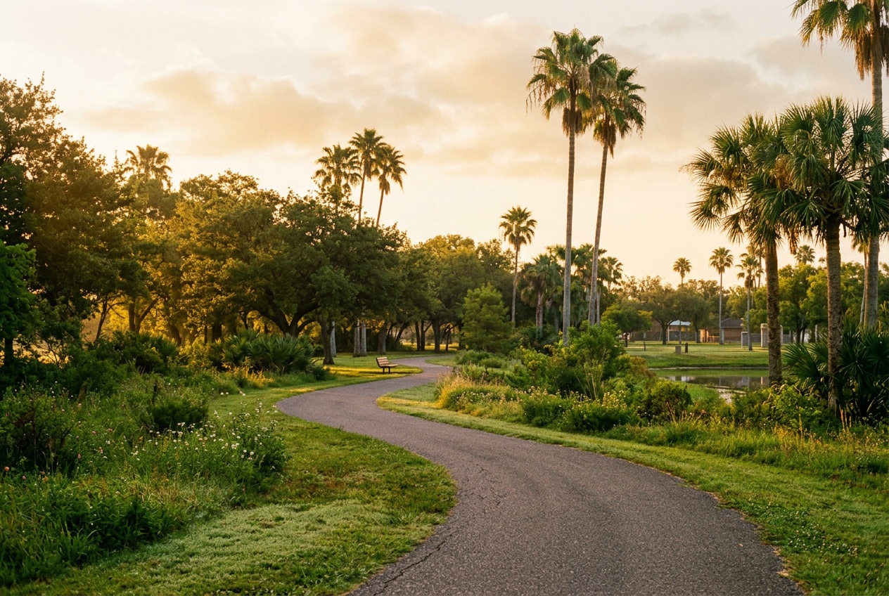 Pharr Texas online homeschool: a green city park with palms and a walking path in Pharr, Texas, in the Rio Grande Valley.