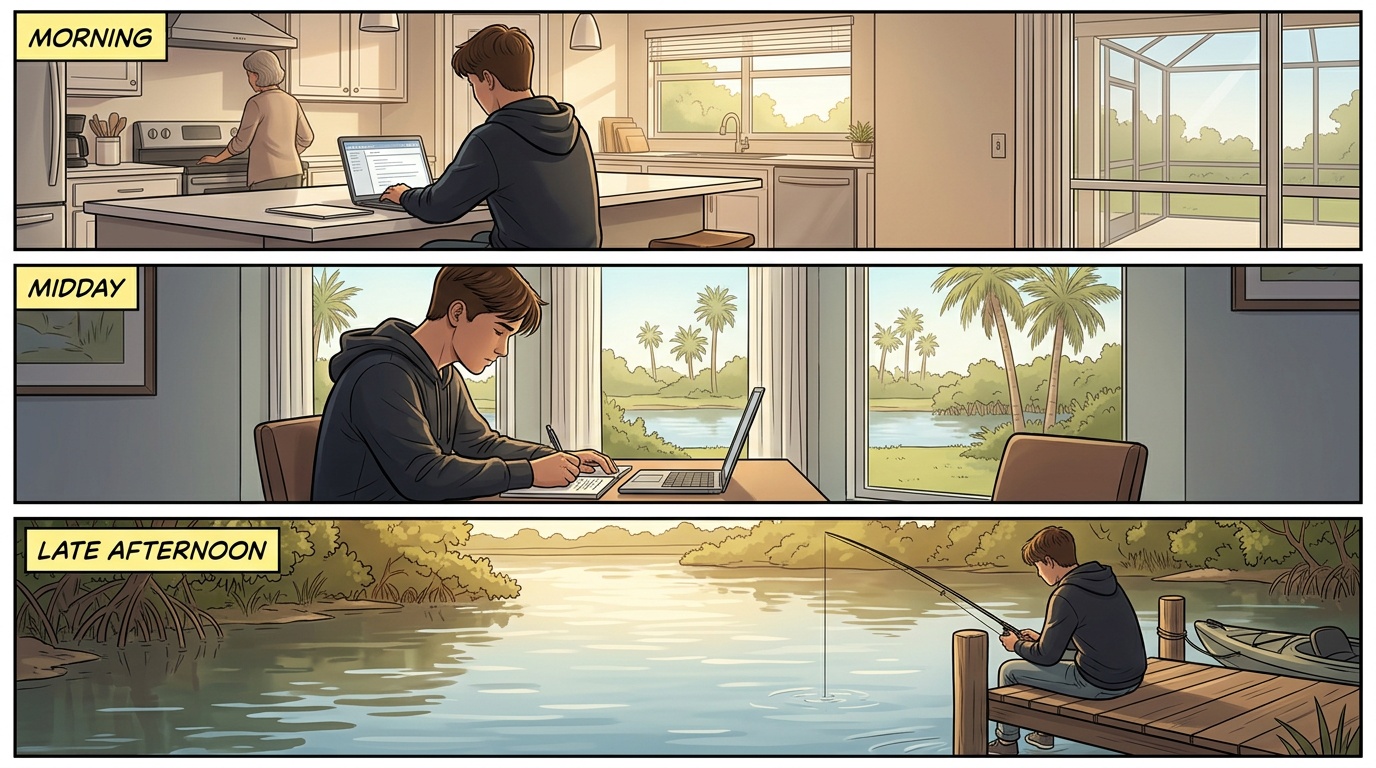 Three-panel illustration of a Port Charlotte student during a self-paced online school day: morning kitchen, midday at a desk, late-afternoon fishing from a backyard dock