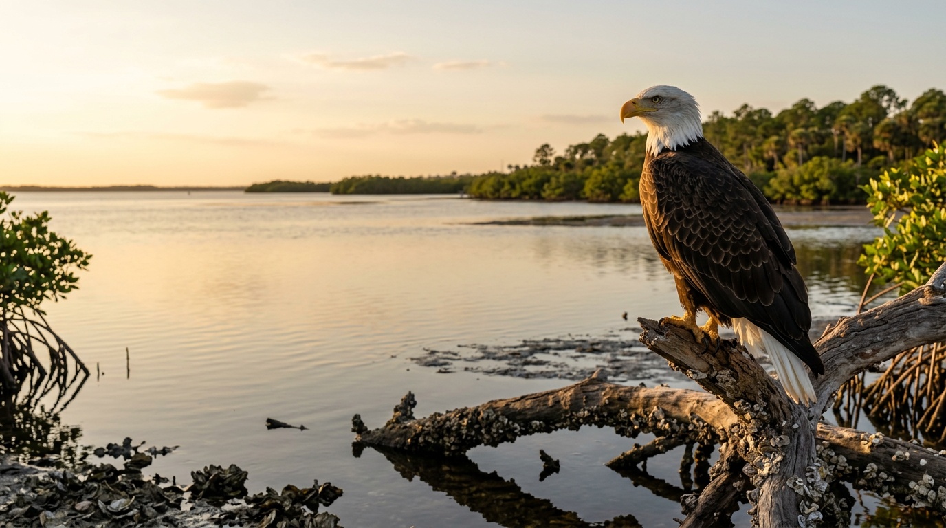Bald eagle perched on weathered mangrove driftwood above Charlotte Harbor at golden hour, near Port Charlotte, Florida