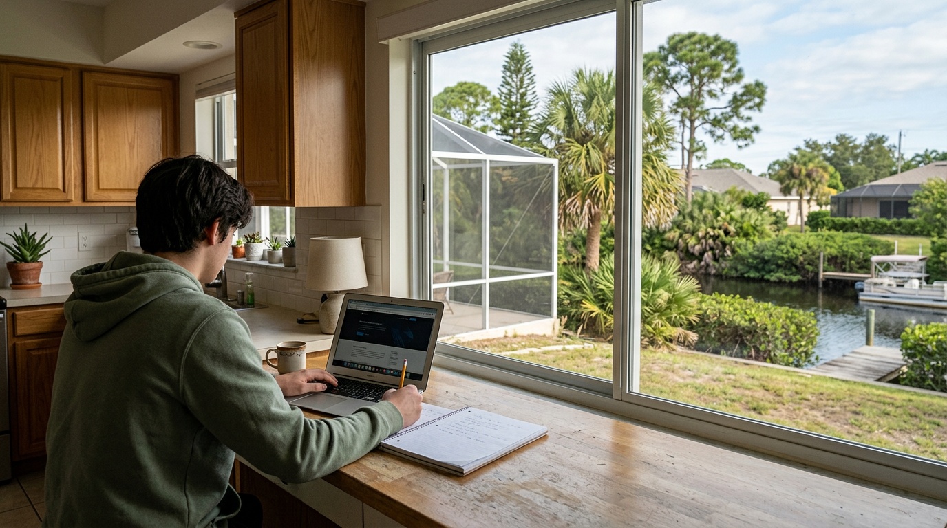 Port Charlotte K-12 online home school student studying at a kitchen counter beside a Charlotte County canal and screened lanai