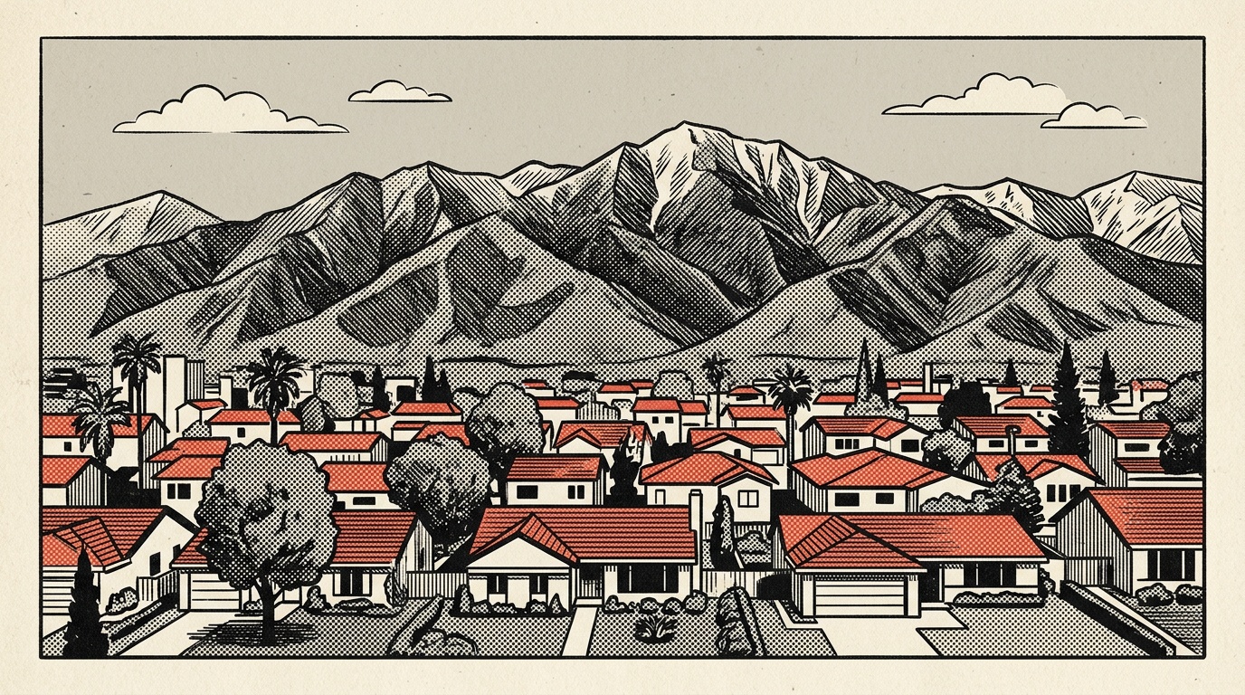 A newsprint-style illustration of a Rancho Cucamonga foothill neighborhood with the San Gabriel Mountains rising close beyond.