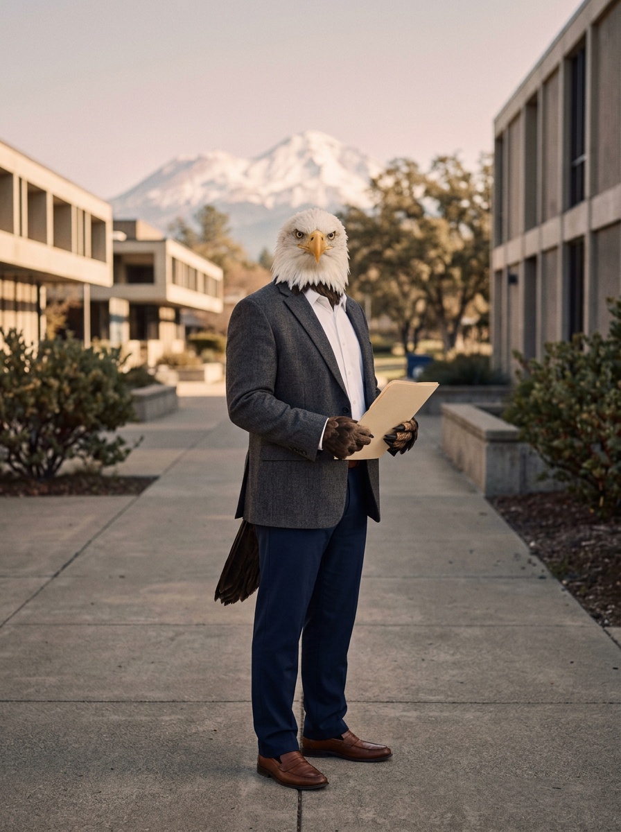 Redding K-12 online home school. Eagle on a quiet walkway with Mt. Shasta rising in the distant background.