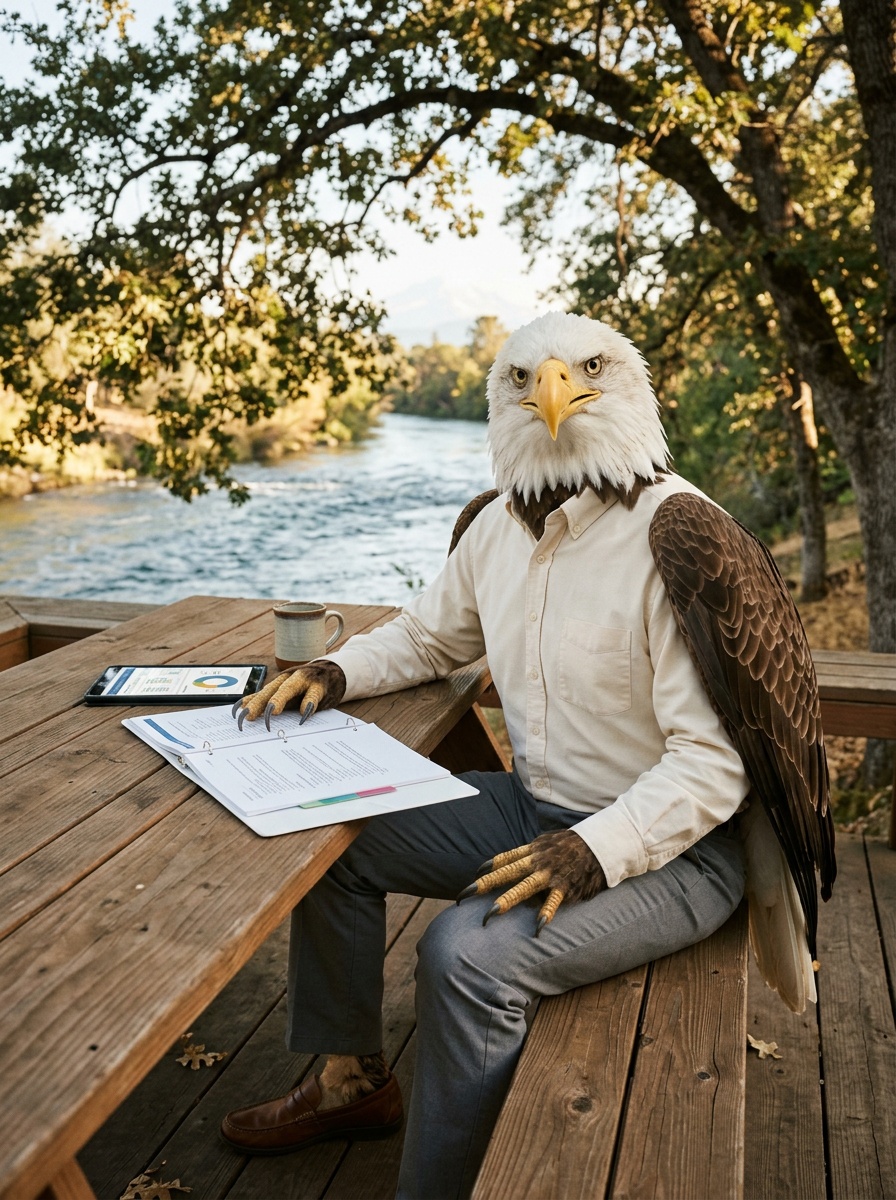 Redding K-12 online home school curriculum. Eagle at a Sacramento River bank deck with oak canopy and warm afternoon light.