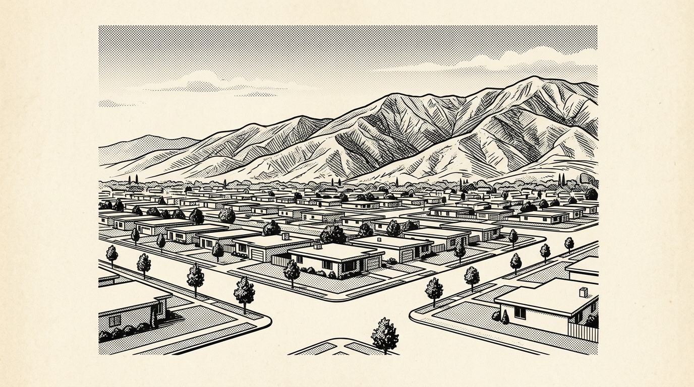 A newsprint-style illustration of a Rialto neighborhood, flat-roofed homes with the San Bernardino Mountains beyond.