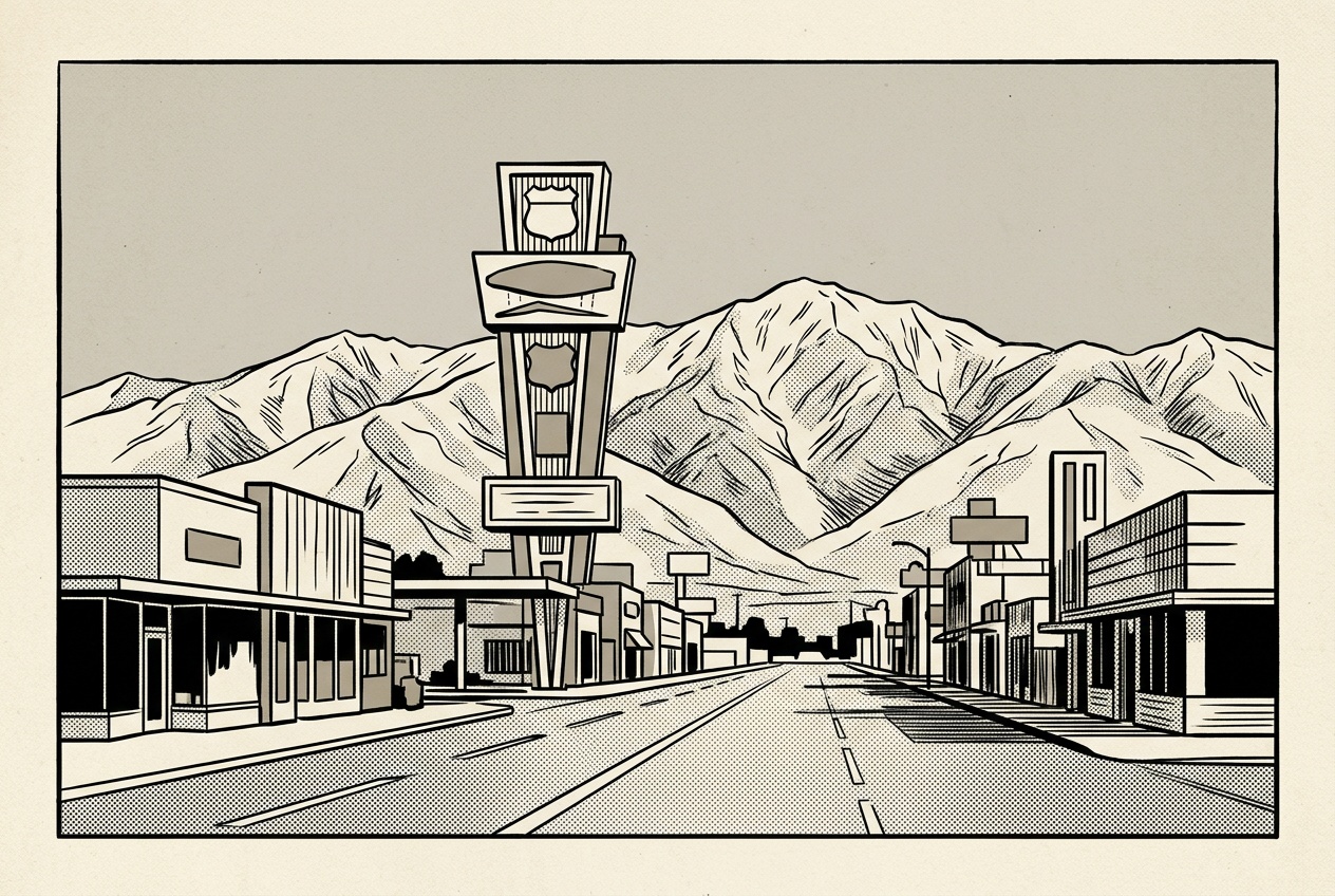 A newsprint-style illustration of the Route 66 corridor in Rialto, low storefronts and a tall vintage sign pylon with the San Bernardino Mountains behind.