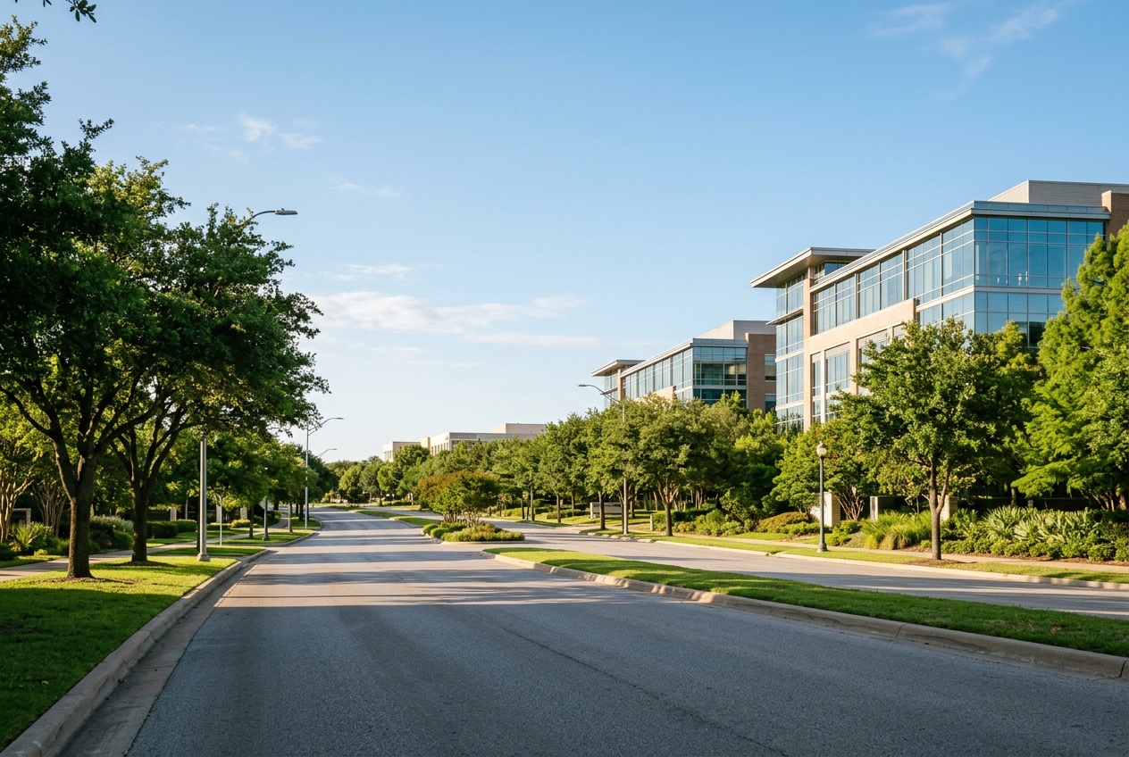 Richardson online home school K-12: a modern tree-lined streetscape in the Richardson, Texas telecom corridor.