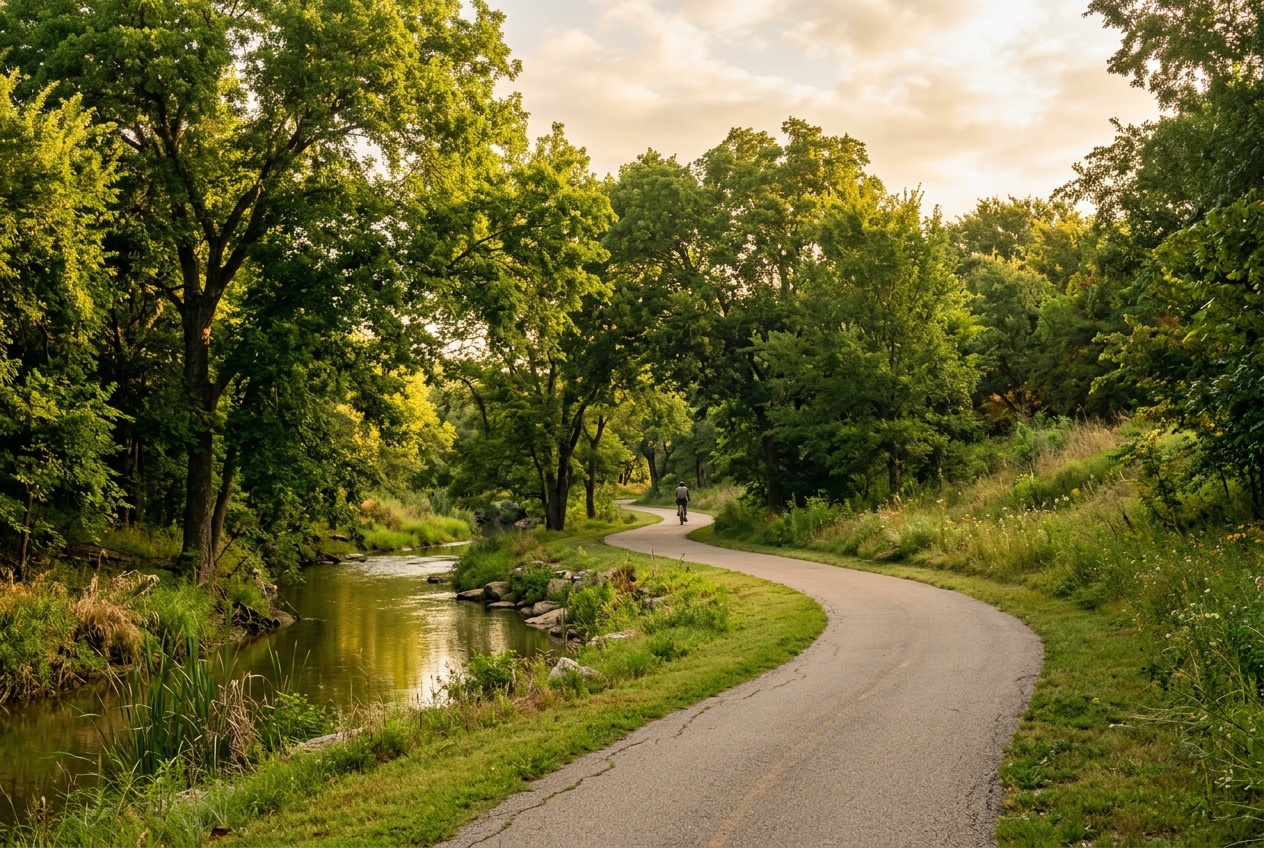 Richardson Texas online homeschool: a green creek-side park trail in Richardson, Texas.