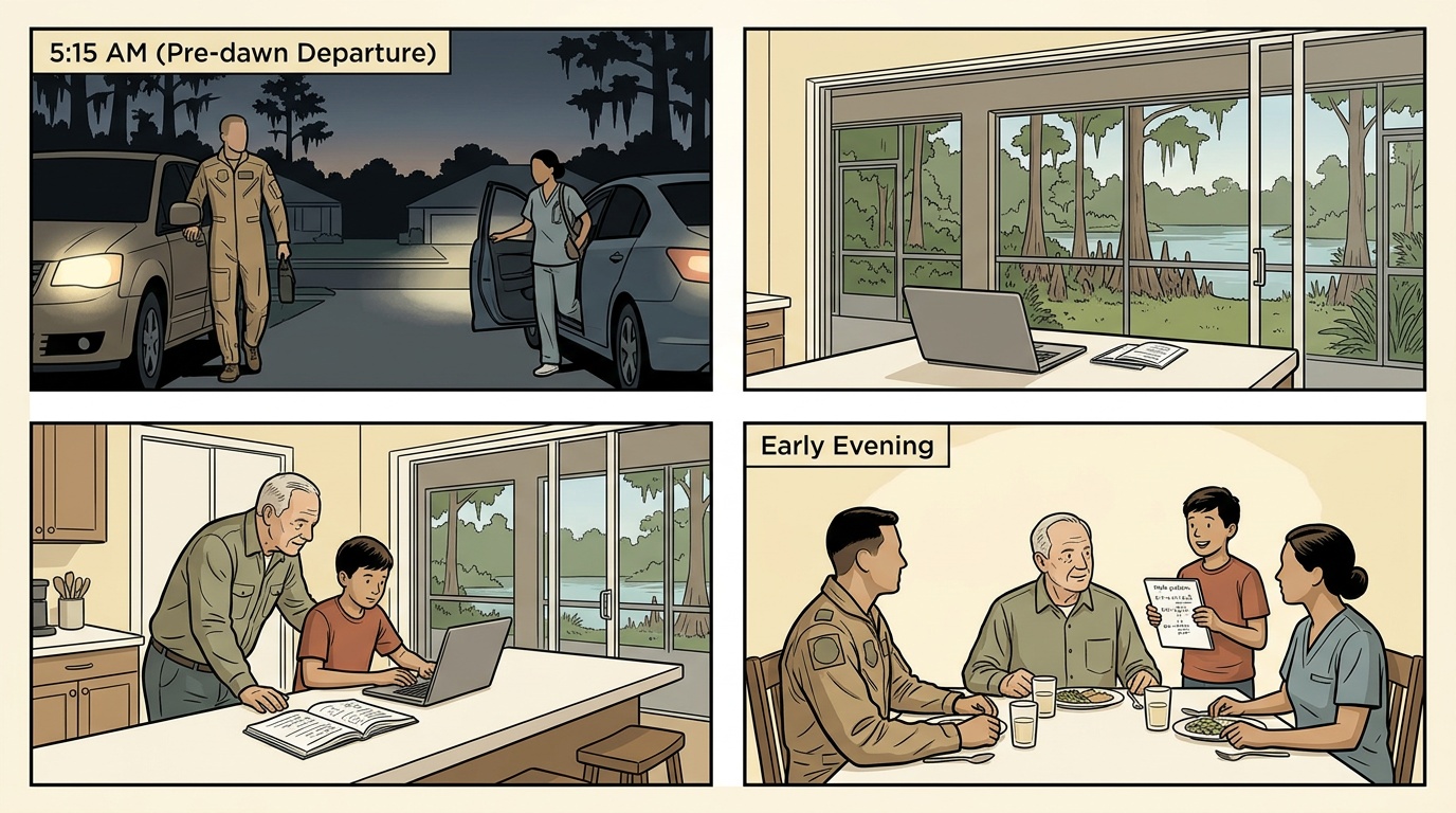 Riverview Florida K-12 online home school family three-panel comic strip showing PCS military family enrolling in High School of America