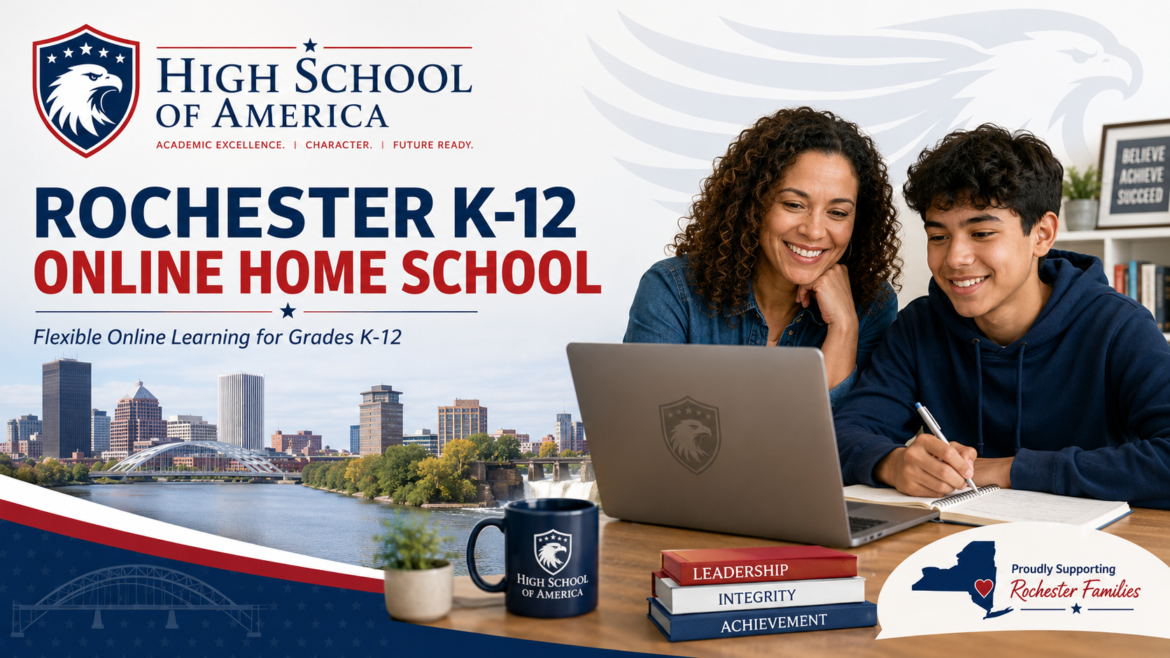 Rochester K-12 online home school: mom and son at laptop with Genesee River and Rochester skyline backdrop