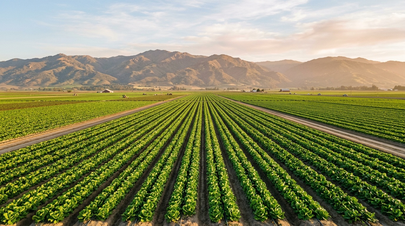 The Salinas Valley at golden hour, long rows of leafy produce stretching toward the Gabilan Mountains, the agricultural Salad Bowl of California.