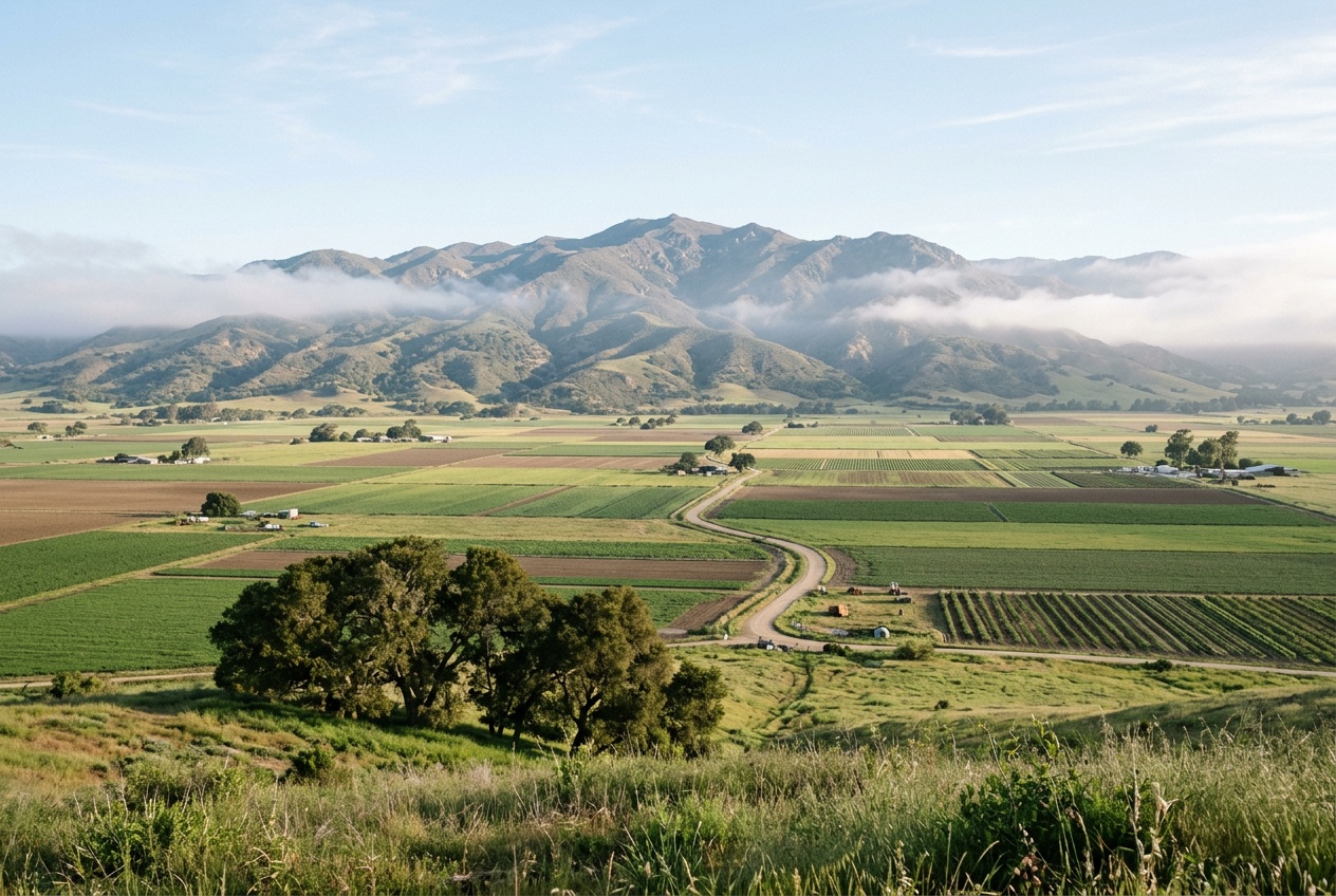 The Salinas Valley in soft morning light, patchwork farm fields on the valley floor with the Santa Lucia range and oak-dotted foothills beyond.