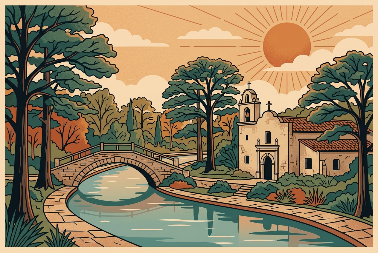 An illustrated view of the San Antonio, Texas River Walk with cypress trees, a stone footbridge, and a Spanish mission church.