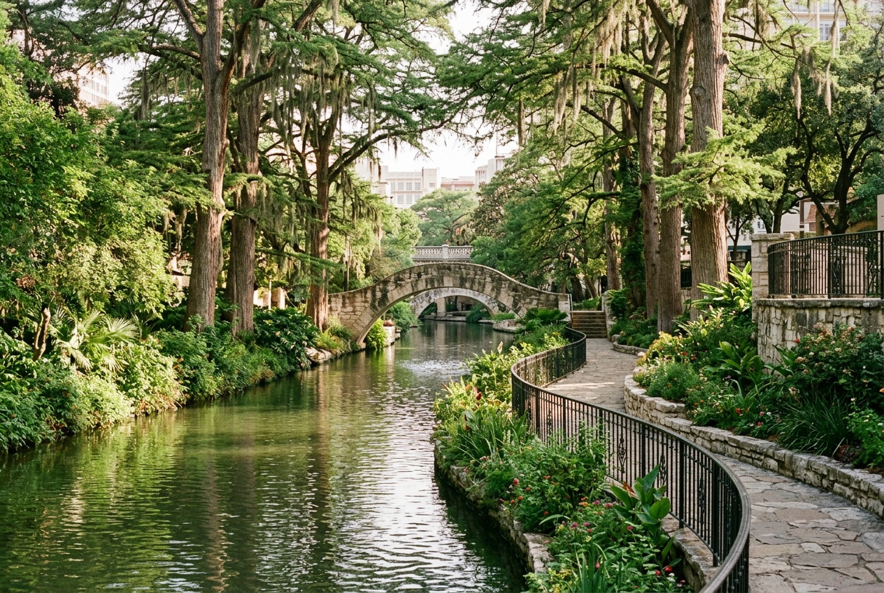 San Antonio online home school K-12: a lush tree-lined stretch of the River Walk along the San Antonio River.