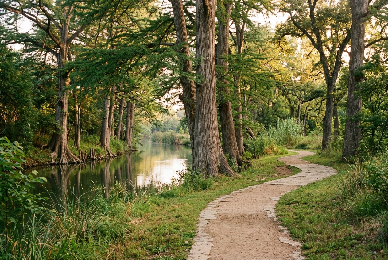 A quiet green riverside park along the San Antonio River with cypress trees.