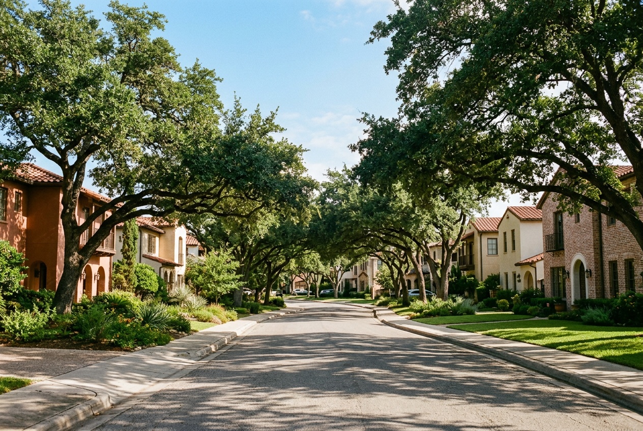 San Antonio Texas online homeschool: an established tree-lined residential street with live oaks in a San Antonio, Texas neighborhood.