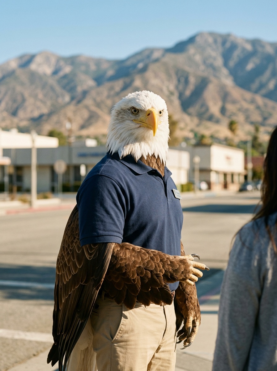 San Bernardino K-12 online home school. Eagle, Head of School, on a downtown San Bernardino sidewalk in warm morning light, the San Bernardino Mountains rising sharply behind him.