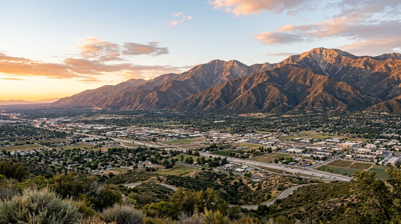 The San Bernardino Mountains rising above the valley at golden hour, the snow-dusted ridgeline over the Inland Empire floor.
