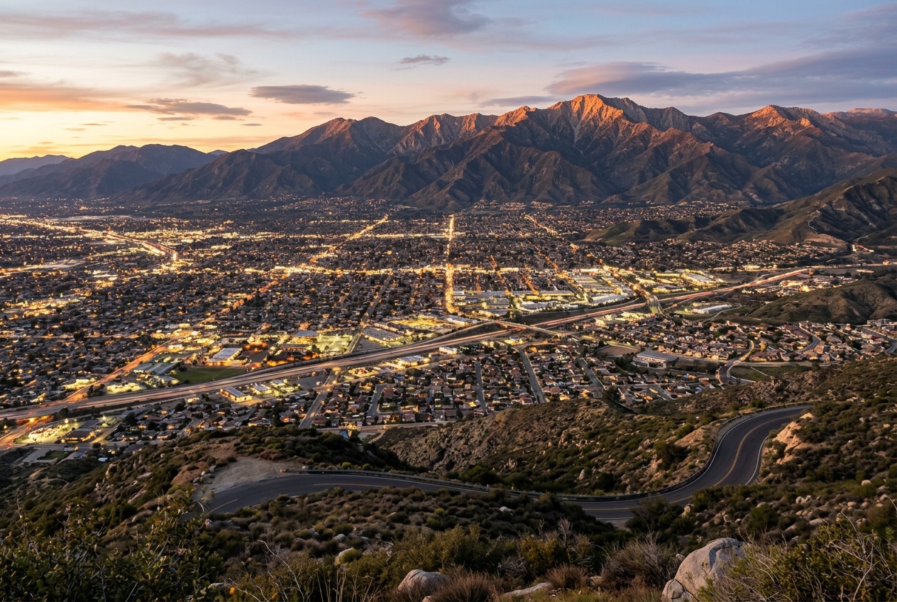 The Inland Empire valley around San Bernardino at dusk, the grid of the city below the mountains with warm evening light.