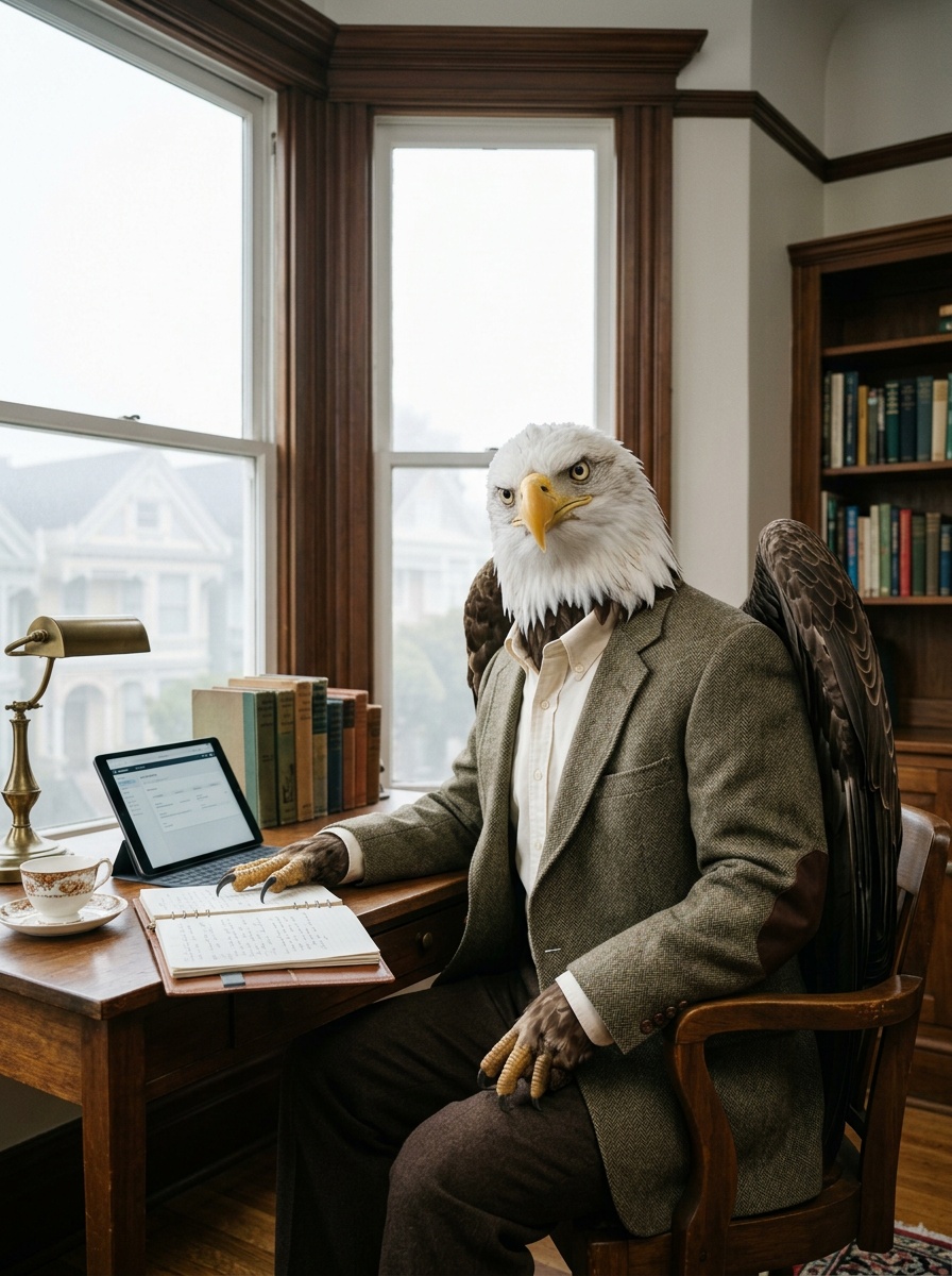 San Francisco K-12 online home school curriculum study. Eagle reviewing the K-12 learning plan at a Pacific Heights Victorian bay-window study nook.