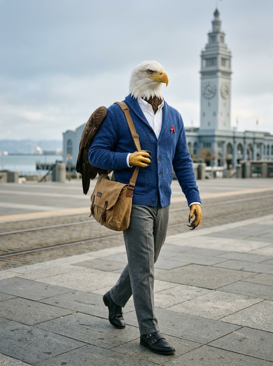 San Francisco K-12 online home school learning platform. Eagle walking through the Ferry Building plaza on the Embarcadero.