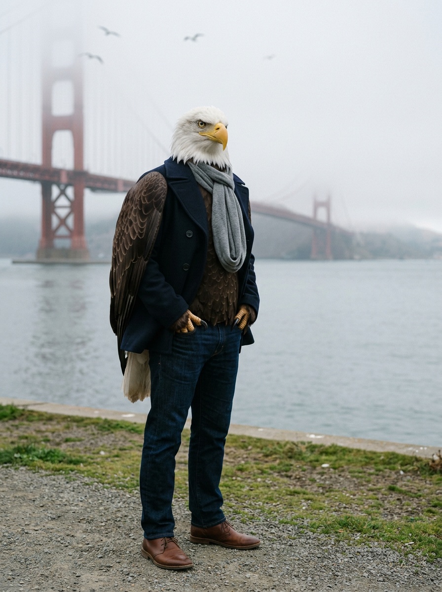 San Francisco K-12 online home school. Eagle, Head of School, standing on the Crissy Field shoreline with the Golden Gate Bridge in fog behind him.