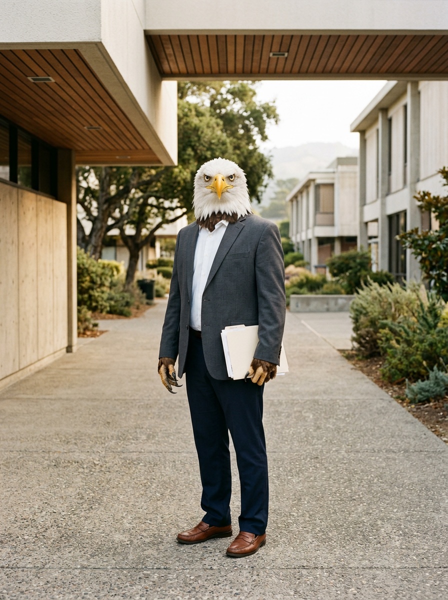 San Mateo K-12 online home school accreditation. Eagle on a mid-century-modern campus walkway at College of San Mateo on Skyline Boulevard.