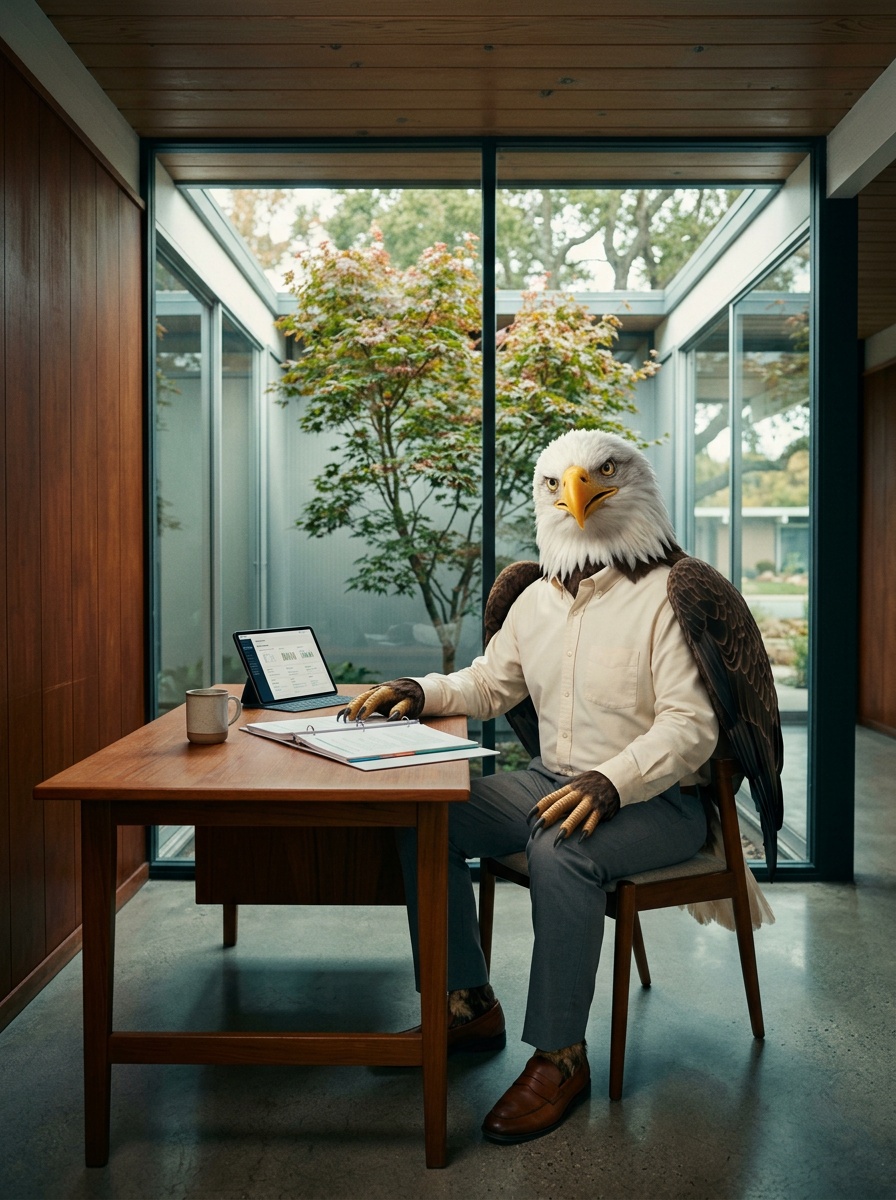 San Mateo K-12 online home school curriculum. Eagle in an Eichler-style mid-Peninsula home interior with a post-and-beam ceiling and floor-to-ceiling glass to an atrium courtyard.