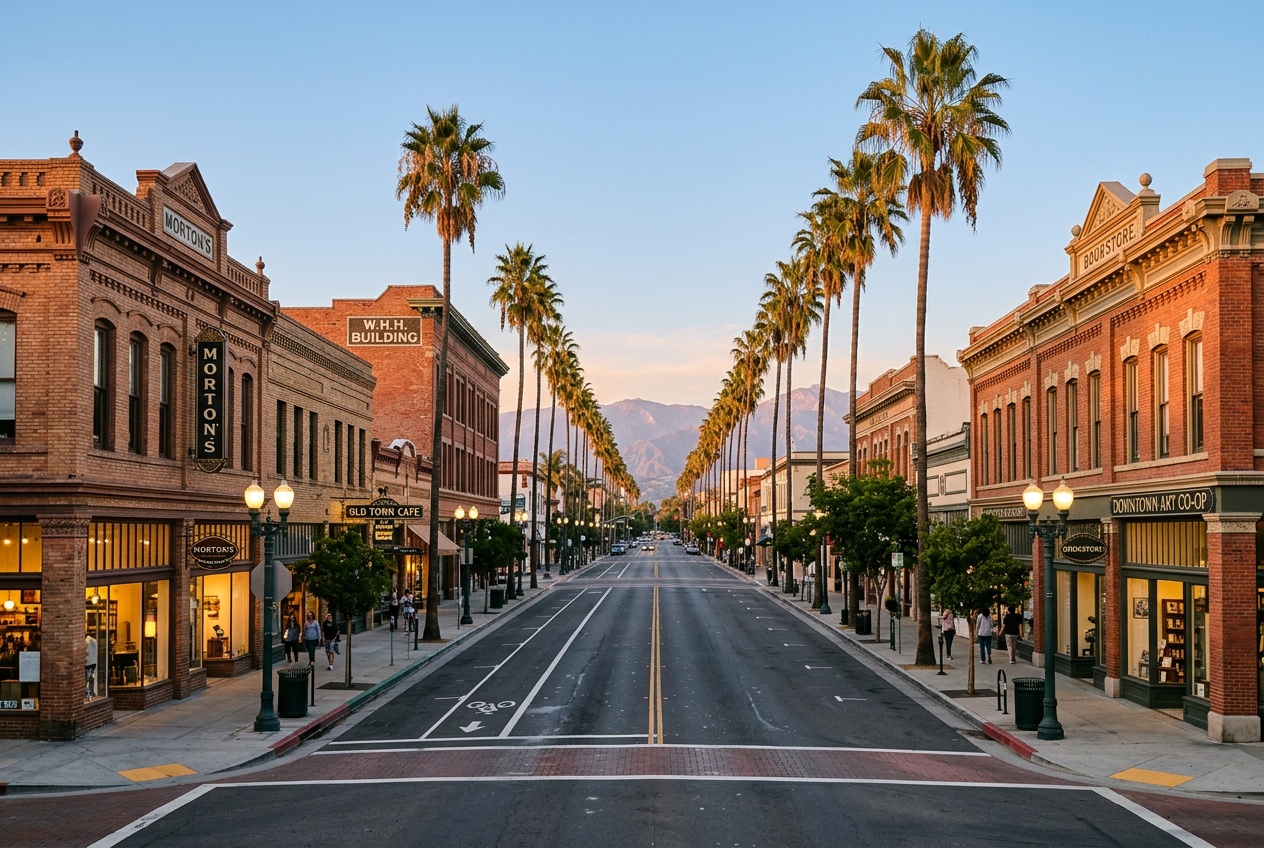 Historic downtown Santa Ana at golden hour, restored brick storefronts and palms along Fourth Street with the Santa Ana Mountains beyond.