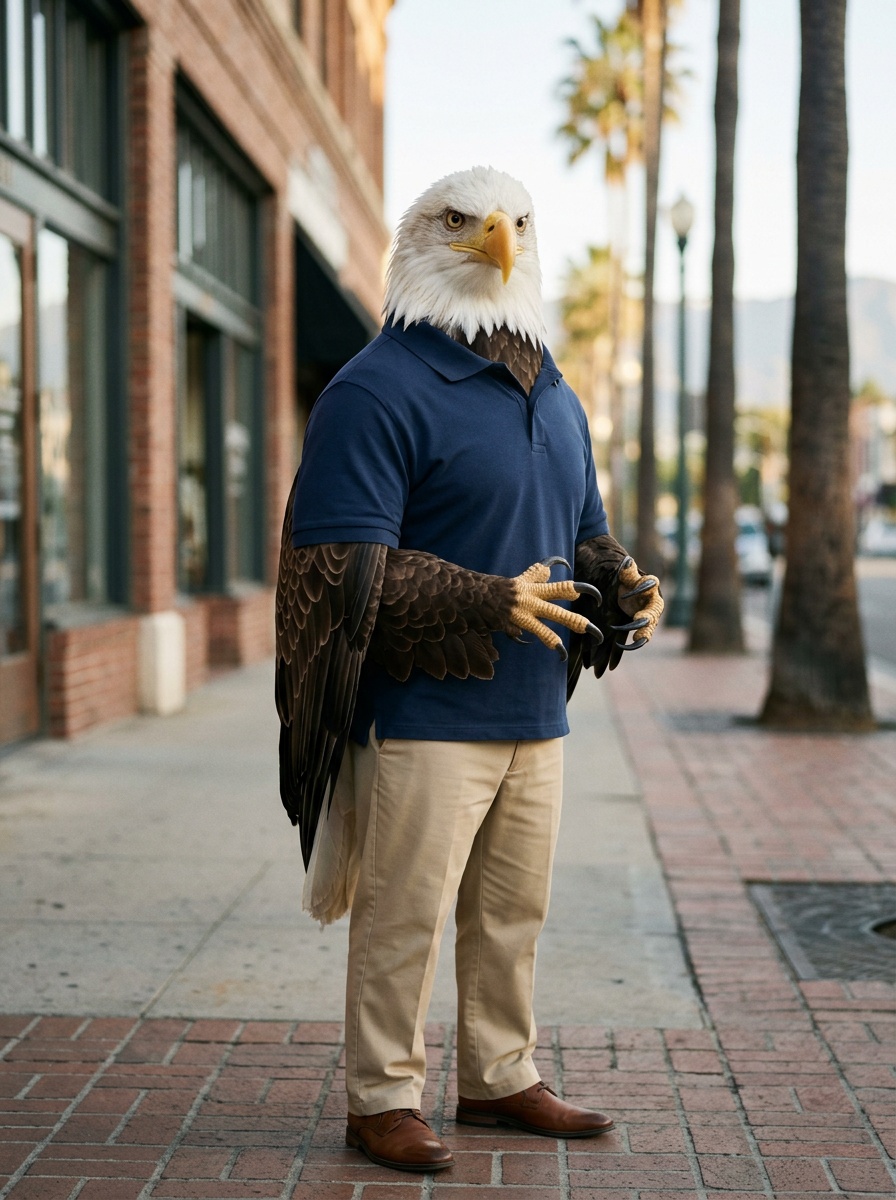 Santa Ana K-12 online home school. Eagle, Head of School, on a historic downtown Santa Ana sidewalk in warm morning light, brick storefronts and palms behind him.