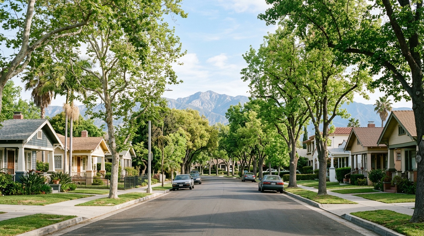 A tree-lined Santa Ana residential neighborhood in soft morning light, modest bungalow homes and mature trees with the mountains beyond.