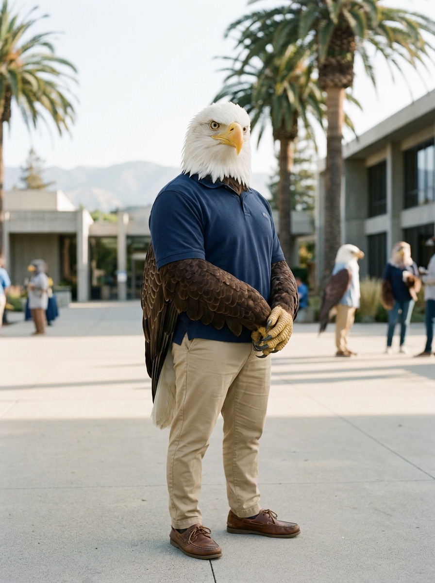 Santa Clara K-12 online home school. Eagle, Head of School, on a clean Silicon Valley plaza in Santa Clara in warm morning light, low modern buildings and palms behind him.