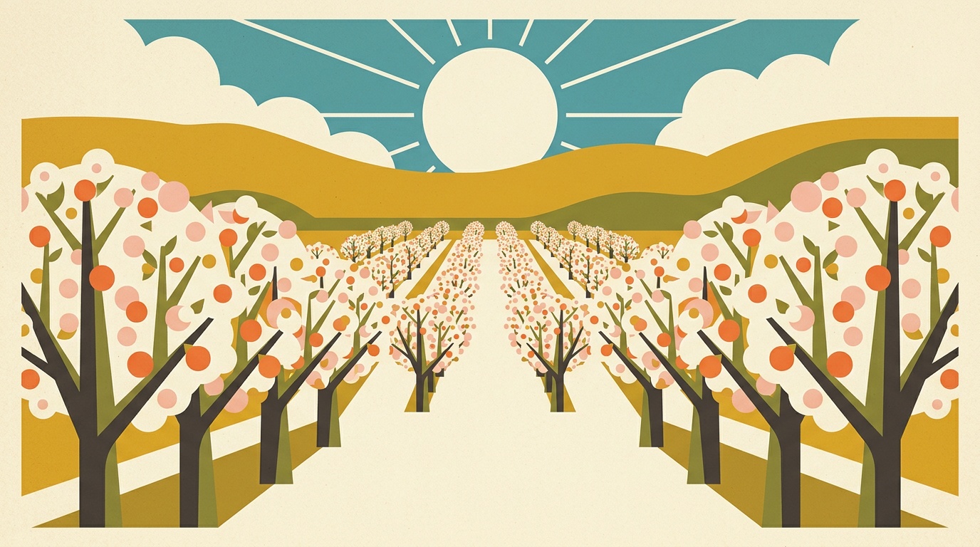 A mid-century-modern illustration of a Santa Clara Valley orchard, neat rows of blossoming fruit trees, the Valley of Hearts Delight, under a clean geometric sky.