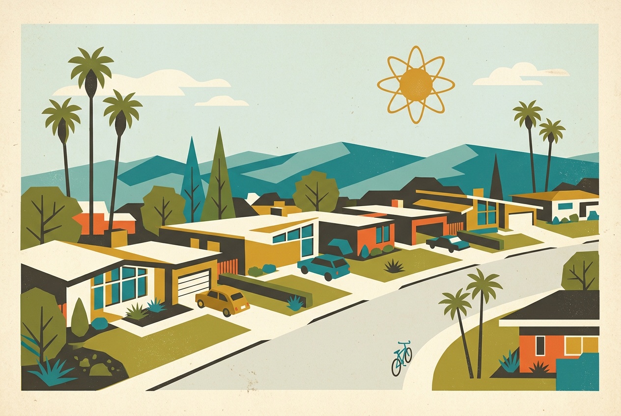 A mid-century-modern illustration of a Santa Clara neighborhood, flat-roofed ranch homes, palms, and the Santa Cruz Mountains beyond under a warm geometric sky.