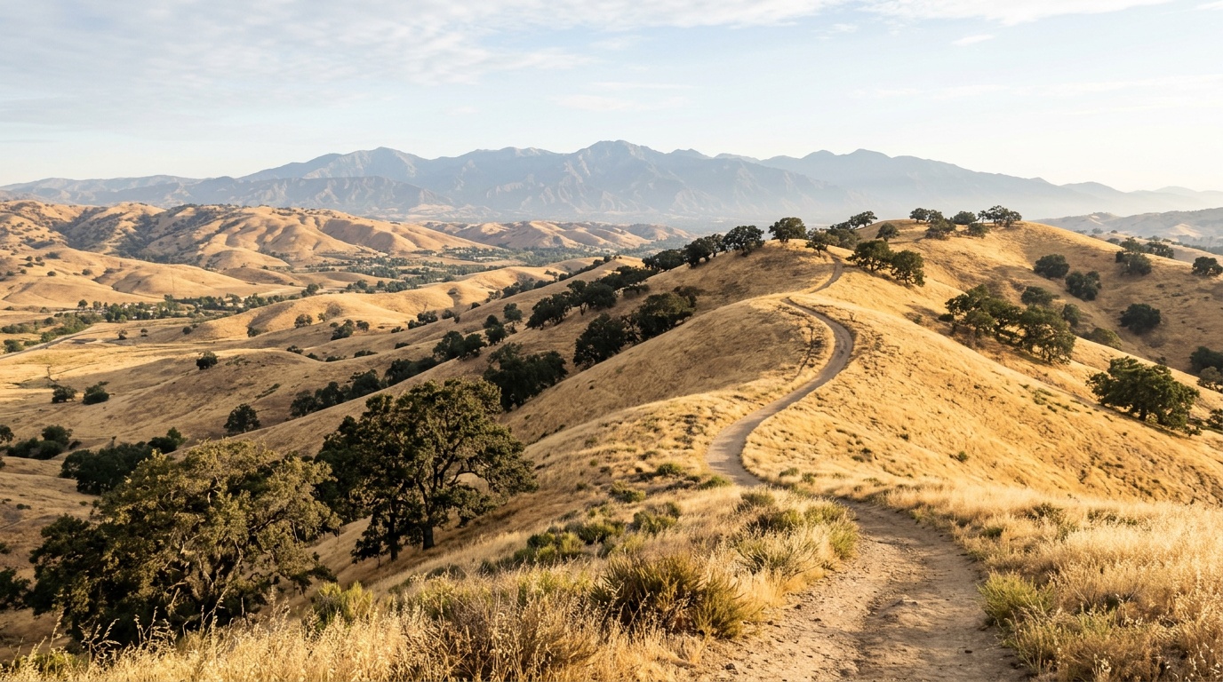 The golden hills and open space around Santa Clarita in soft morning light, oak-dotted ridges and a trail above the valley.