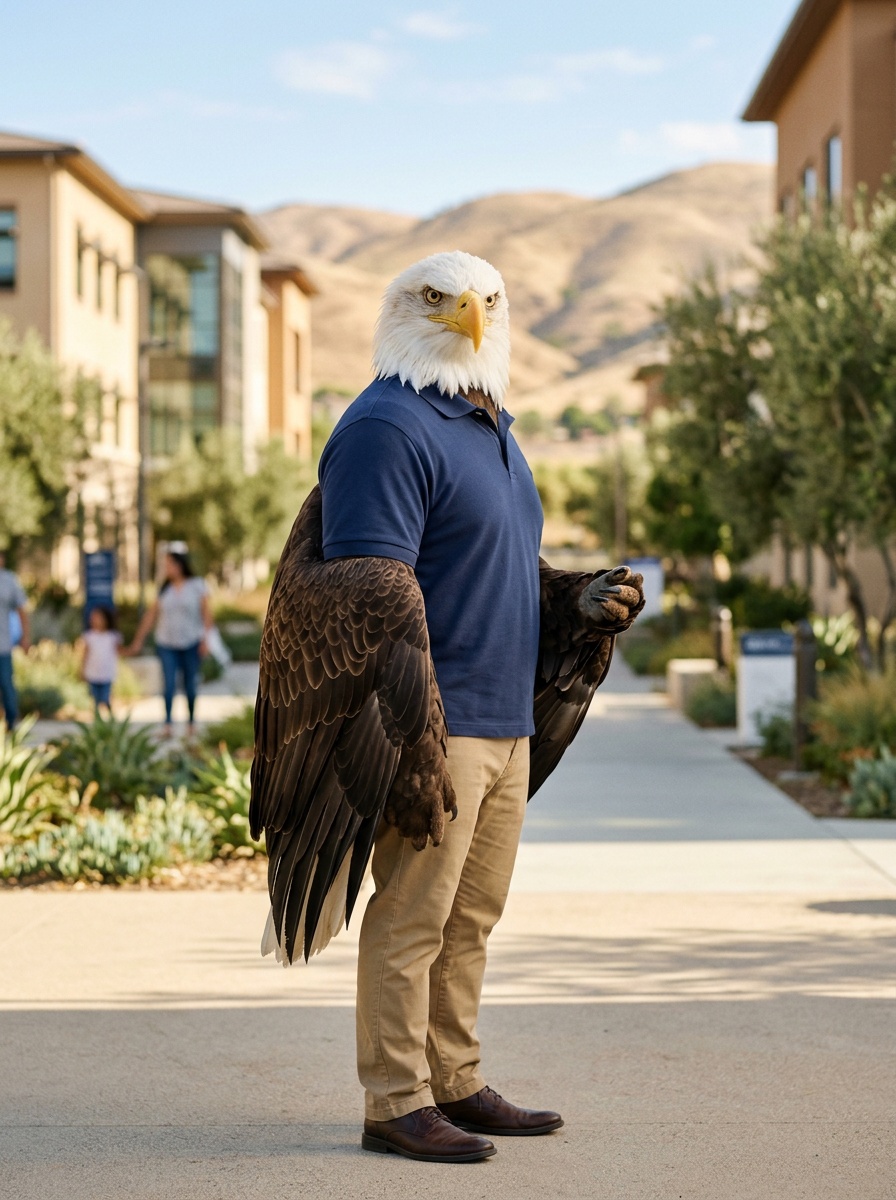 Santa Clarita K-12 online home school. Eagle, Head of School, on a clean master-planned Valencia paseo in warm morning light, golden hills behind him.